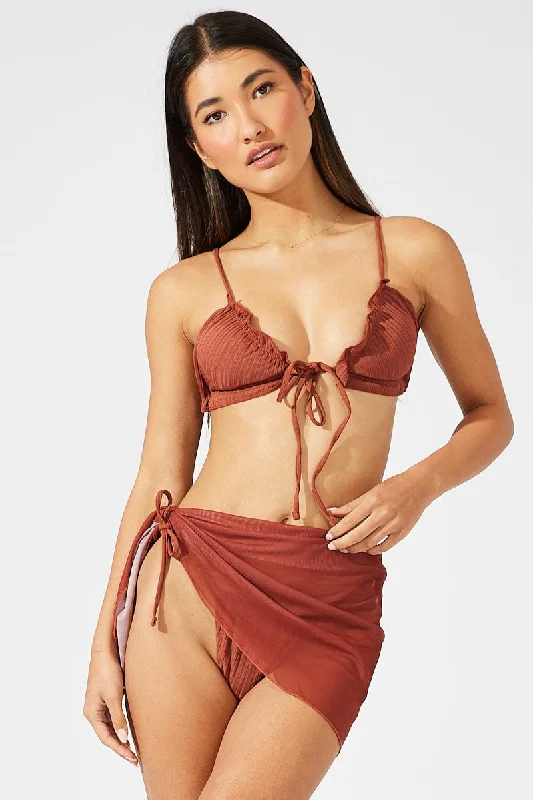 Brown Ruched Frill Bikini Set