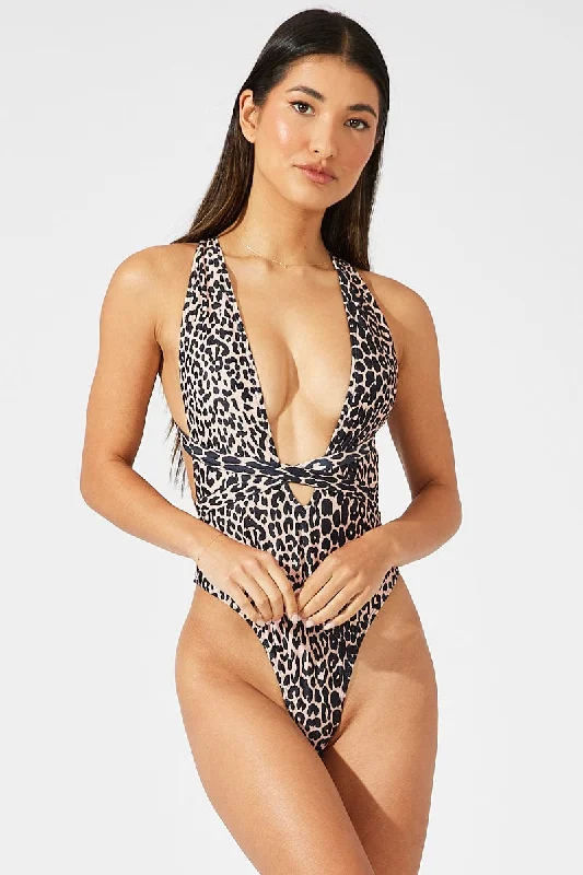 Multi Animal Print Wrap Around One Piece Swimsuit