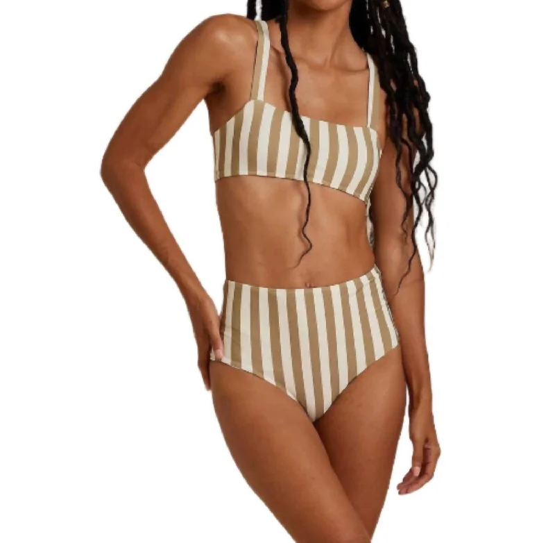 High Waisted Bikini Bottom In Olive Stripe