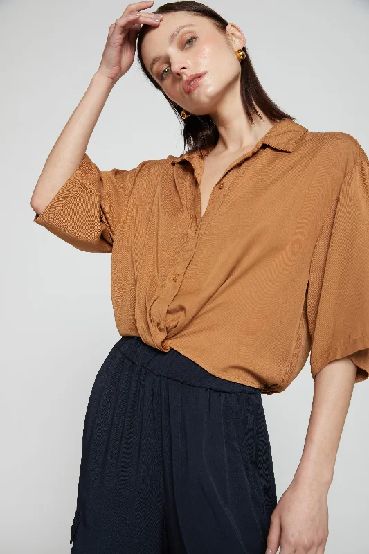 Dove Modal Cropped Twist Shirt- Toffee