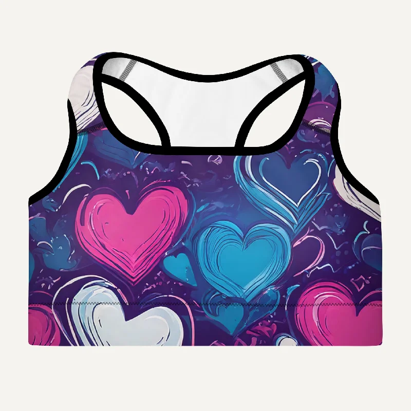 Scribble Hearts Padded Sports Bra