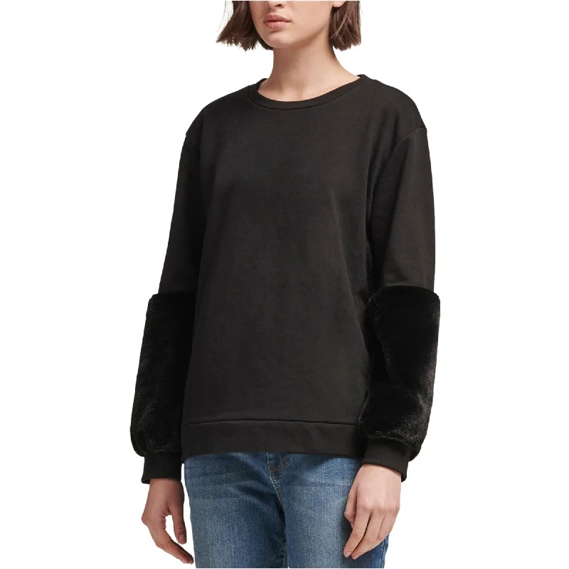 DKNY Womens Faux Fur Accent Sweatshirt, Black, Medium